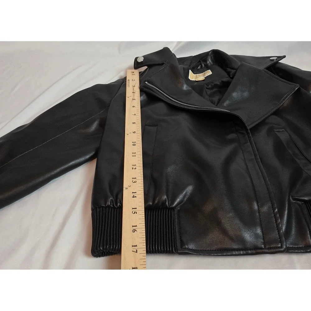 Michael Kors Womens Black Faux Leather Moto Jacket Cropped Bomber Streetwear